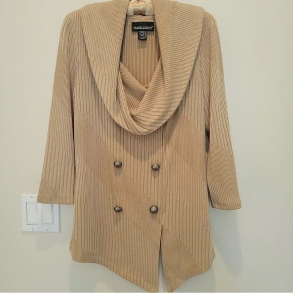 Frank Lyman Design Tops - Frank Lyman Ribbed Drape Cowl Neck Double Breasted Tunic Top Tan Size 12